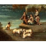 Artista attivo in Veneto, Landscape with a stream, a small waterfall, shepherds, a bridge, and a village in the background