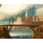 Artista attivo in Veneto, Landscape with a stream, a small waterfall, shepherds, a bridge, and a village in the background