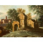 Artista attivo in Veneto, Landscape with a stream, a small waterfall, shepherds, a bridge, and a village in the background