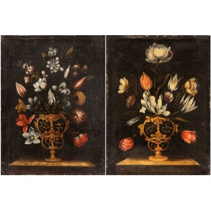 Giacomo Recco (ambito di) (Napoli 1603 - 1653), Two still lifes with flowers in a vase. Pair of paintings