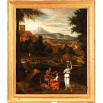 Nicolas Poussin (seguace di) (Les Andelys 1594 - Roma 1665), Landscape with figures, a river, and a castle in the background