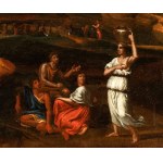 Nicolas Poussin (seguace di) (Les Andelys 1594 - Roma 1665), Landscape with figures, a river, and a castle in the background
