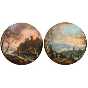 Alessio De Marchis (ambito di) (Napoli 1684 - Perugia 1752), a) River landscape with figures and a tower in the background; b) Landscape with a small waterfall, figures, and a town in the background. Pair of paintings