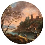 Alessio De Marchis (ambito di) (Napoli 1684 - Perugia 1752), a) River landscape with figures and a tower in the background; b) Landscape with a small waterfall, figures, and a town in the background. Pair of paintings