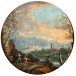 Alessio De Marchis (ambito di) (Napoli 1684 - Perugia 1752), a) River landscape with figures and a tower in the background; b) Landscape with a small waterfall, figures, and a town in the background. Pair of paintings