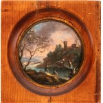 Alessio De Marchis (ambito di) (Napoli 1684 - Perugia 1752), a) River landscape with figures and a tower in the background; b) Landscape with a small waterfall, figures, and a town in the background. Pair of paintings