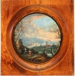 Alessio De Marchis (ambito di) (Napoli 1684 - Perugia 1752), a) River landscape with figures and a tower in the background; b) Landscape with a small waterfall, figures, and a town in the background. Pair of paintings