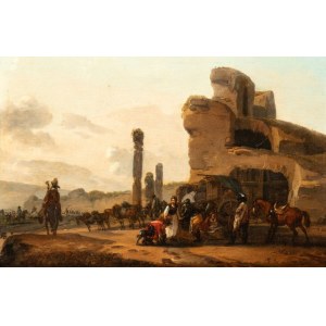 Claude Michel Hamon Duplessis (Attivo a Vesailles 1770 ca. - 1799 ca.), Landscape with cavalry at rest near ruins