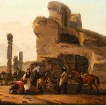 Claude Michel Hamon Duplessis (Attivo a Vesailles 1770 ca. - 1799 ca.), Landscape with cavalry at rest near ruins