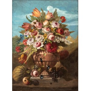 Artista attivo a Napoli, Still life of flowers and fruits in a garden