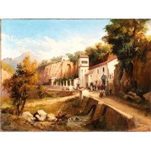 Giacinto Gigante (attribuito a) (Napoli 1806 - 1876), Landscape with the Sanctuary of the Avvocatella in Cava dei Tirreni