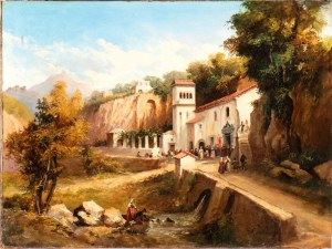 Giacinto Gigante (attribuito a) (Napoli 1806 - 1876), Landscape with the Sanctuary of the Avvocatella in Cava dei Tirreni