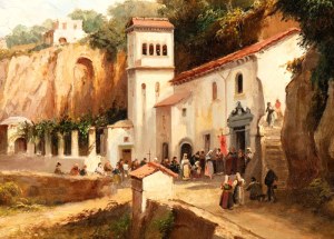 Giacinto Gigante (attribuito a) (Napoli 1806 - 1876), Landscape with the Sanctuary of the Avvocatella in Cava dei Tirreni
