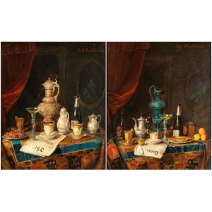 Joseph Mansfield (XIX secolo), a) Still life with a newspaper, old glassware and porcelain; b) Still life with a blue majolica jug, a champagne bottle, a teacup, a lemon, and a newspaper. Pair of paintings
