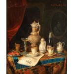 Joseph Mansfield (XIX secolo), a) Still life with a newspaper, old glassware and porcelain; b) Still life with a blue majolica jug, a champagne bottle, a teacup, a lemon, and a newspaper. Pair of paintings