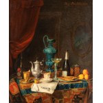 Joseph Mansfield (XIX secolo), a) Still life with a newspaper, old glassware and porcelain; b) Still life with a blue majolica jug, a champagne bottle, a teacup, a lemon, and a newspaper. Pair of paintings