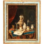 Joseph Mansfield (XIX secolo), a) Still life with a newspaper, old glassware and porcelain; b) Still life with a blue majolica jug, a champagne bottle, a teacup, a lemon, and a newspaper. Pair of paintings
