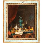 Joseph Mansfield (XIX secolo), a) Still life with a newspaper, old glassware and porcelain; b) Still life with a blue majolica jug, a champagne bottle, a teacup, a lemon, and a newspaper. Pair of paintings