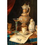 Joseph Mansfield (XIX secolo), a) Still life with a newspaper, old glassware and porcelain; b) Still life with a blue majolica jug, a champagne bottle, a teacup, a lemon, and a newspaper. Pair of paintings