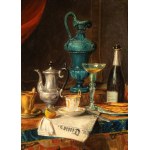 Joseph Mansfield (XIX secolo), a) Still life with a newspaper, old glassware and porcelain; b) Still life with a blue majolica jug, a champagne bottle, a teacup, a lemon, and a newspaper. Pair of paintings