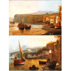Giacinto Gigante (attribuito a) (Napoli 1806 - 1876), a) Coastal view with boats and a fishing village; b) Coastal view with cliffs and a landing place. A pair of paintings