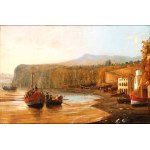 Giacinto Gigante (attribuito a) (Napoli 1806 - 1876), a) Coastal view with boats and a fishing village; b) Coastal view with cliffs and a landing place. A pair of paintings