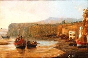 Giacinto Gigante (attribuito a) (Napoli 1806 - 1876), a) Coastal view with boats and a fishing village; b) Coastal view with cliffs and a landing place. A pair of paintings