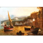 Giacinto Gigante (attribuito a) (Napoli 1806 - 1876), a) Coastal view with boats and a fishing village; b) Coastal view with cliffs and a landing place. A pair of paintings