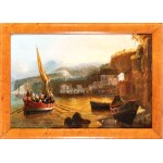 Giacinto Gigante (attribuito a) (Napoli 1806 - 1876), a) Coastal view with boats and a fishing village; b) Coastal view with cliffs and a landing place. A pair of paintings