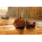 Giacinto Gigante (attribuito a) (Napoli 1806 - 1876), a) Coastal view with boats and a fishing village; b) Coastal view with cliffs and a landing place. A pair of paintings