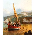 Giacinto Gigante (attribuito a) (Napoli 1806 - 1876), a) Coastal view with boats and a fishing village; b) Coastal view with cliffs and a landing place. A pair of paintings