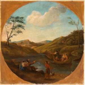 Artista emiliano, XVII - XVIII secolo, Landscape with river, boats and figures