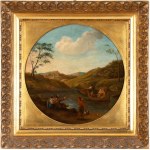 Artista emiliano, XVII - XVIII secolo, Landscape with river, boats and figures