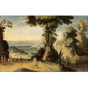 Artista fiammingo, XVIII secolo, Landscape with ambush of brigands