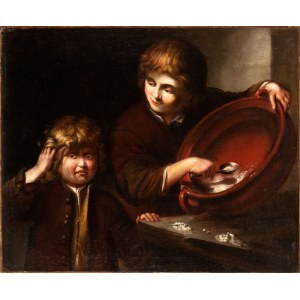 Artista lombardo, XVII secolo, Gender scene with two children in the kitchen