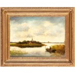 Artista olandese, XIX secolo, Dutch landscape with a fisherman in a boat