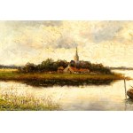 Artista olandese, XIX secolo, Dutch landscape with a fisherman in a boat