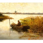 Artista olandese, XIX secolo, Dutch landscape with a fisherman in a boat