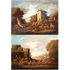 Artista italiano, XIX secolo, a) Landscape with a cavalry battle near a landing place; b) Landscape with a cavalry battle beneath the walls of a castle. Pair of paintings