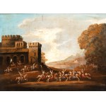 Artista italiano, XIX secolo, a) Landscape with a cavalry battle near a landing place; b) Landscape with a cavalry battle beneath the walls of a castle. Pair of paintings