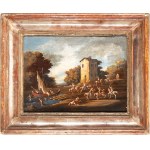 Artista italiano, XIX secolo, a) Landscape with a cavalry battle near a landing place; b) Landscape with a cavalry battle beneath the walls of a castle. Pair of paintings
