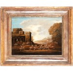 Artista italiano, XIX secolo, a) Landscape with a cavalry battle near a landing place; b) Landscape with a cavalry battle beneath the walls of a castle. Pair of paintings