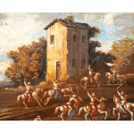 Artista italiano, XIX secolo, a) Landscape with a cavalry battle near a landing place; b) Landscape with a cavalry battle beneath the walls of a castle. Pair of paintings