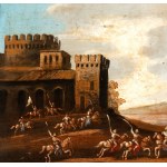 Artista italiano, XIX secolo, a) Landscape with a cavalry battle near a landing place; b) Landscape with a cavalry battle beneath the walls of a castle. Pair of paintings