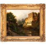 Artista anonimo, XIX secolo, Landscape with a stream, ruins, and figures