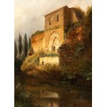 Artista anonimo, XIX secolo, Landscape with a stream, ruins, and figures