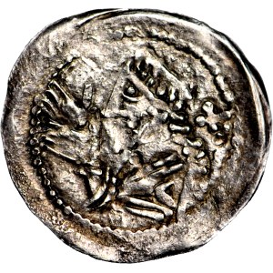 RR-, Przemysław I i Bolesław Pobożny, Denar 1253-1257, Poznań, Biskup za nim Krzyżyk