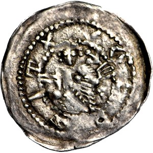 RR-, Przemysław I i Bolesław Pobożny, Denar 1253-1257, Poznań, Biskup za nim Krzyżyk