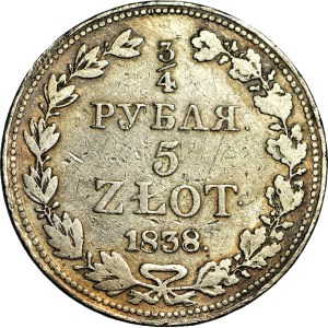 Russian Partition, 5 zlotych = 3/4 ruble, 1838, MW, Warsaw