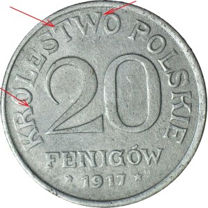 R-, Królestwo Polskie, 20 fenigów 1918 FF, DESTRUKT - double die rewersu
